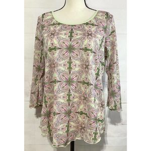JW JAPANESE WEEKEND sz L green & pink flare sleeve maternity top
